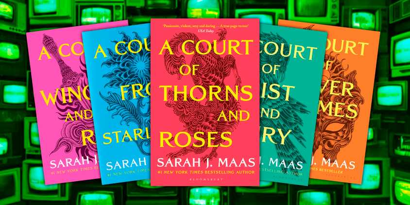 The books in Sarah J. Maas' Court of Thorns & Roses series with green TVs as the background
