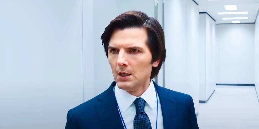 Adam Scott looking concerned in Severance