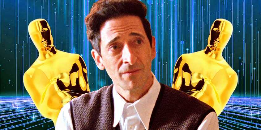 Adrien Brody in The Brutalist with Oscars trophies behind him