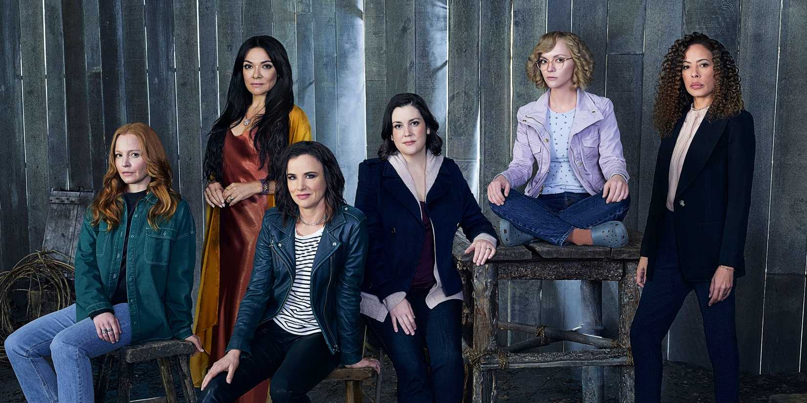 Adult Van, Lottie, Natalie, Shauna, Misty, and Taissa in Yellowjackets season 2 promo image