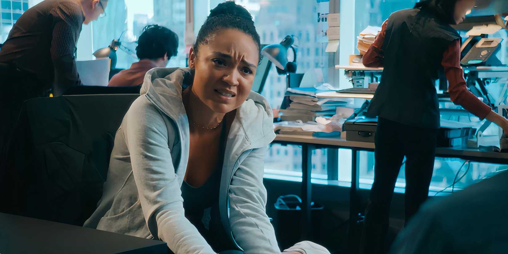 Aisha Dee as Chanelle looking upset while talking to Justin in Apple Cider Vinegar