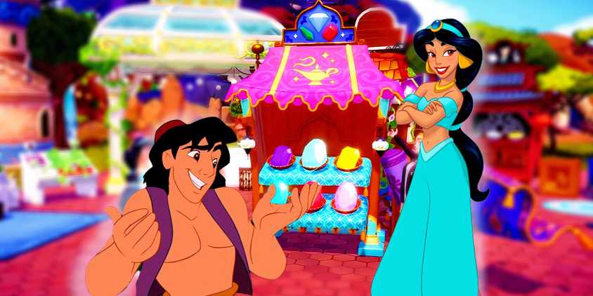 Aladdin and jasmine disney dreamlight valley with aladdin's gem stall