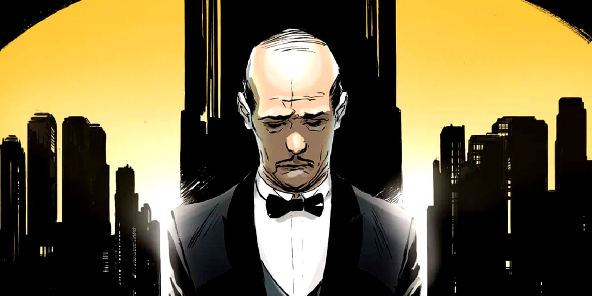 Alfred Pennyworth looks at the ground sadly in Gotham