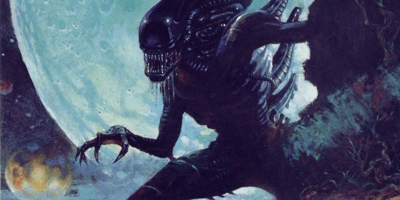 A Xenomorph from Alien with a giant moon behind it.