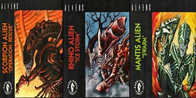 Aliens: Space Marines comic covers featuring the Scorpion Alien, Rhino Alien, and Mantis Alien.