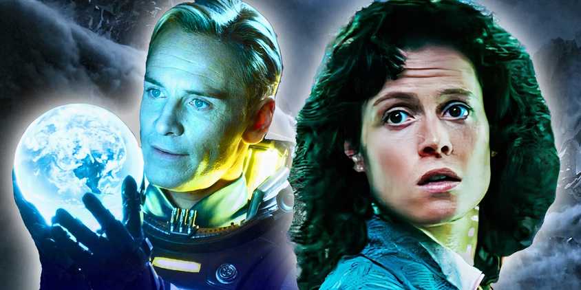 An edited image of Ripley looking scared and David looking curious in the Alien franchise.