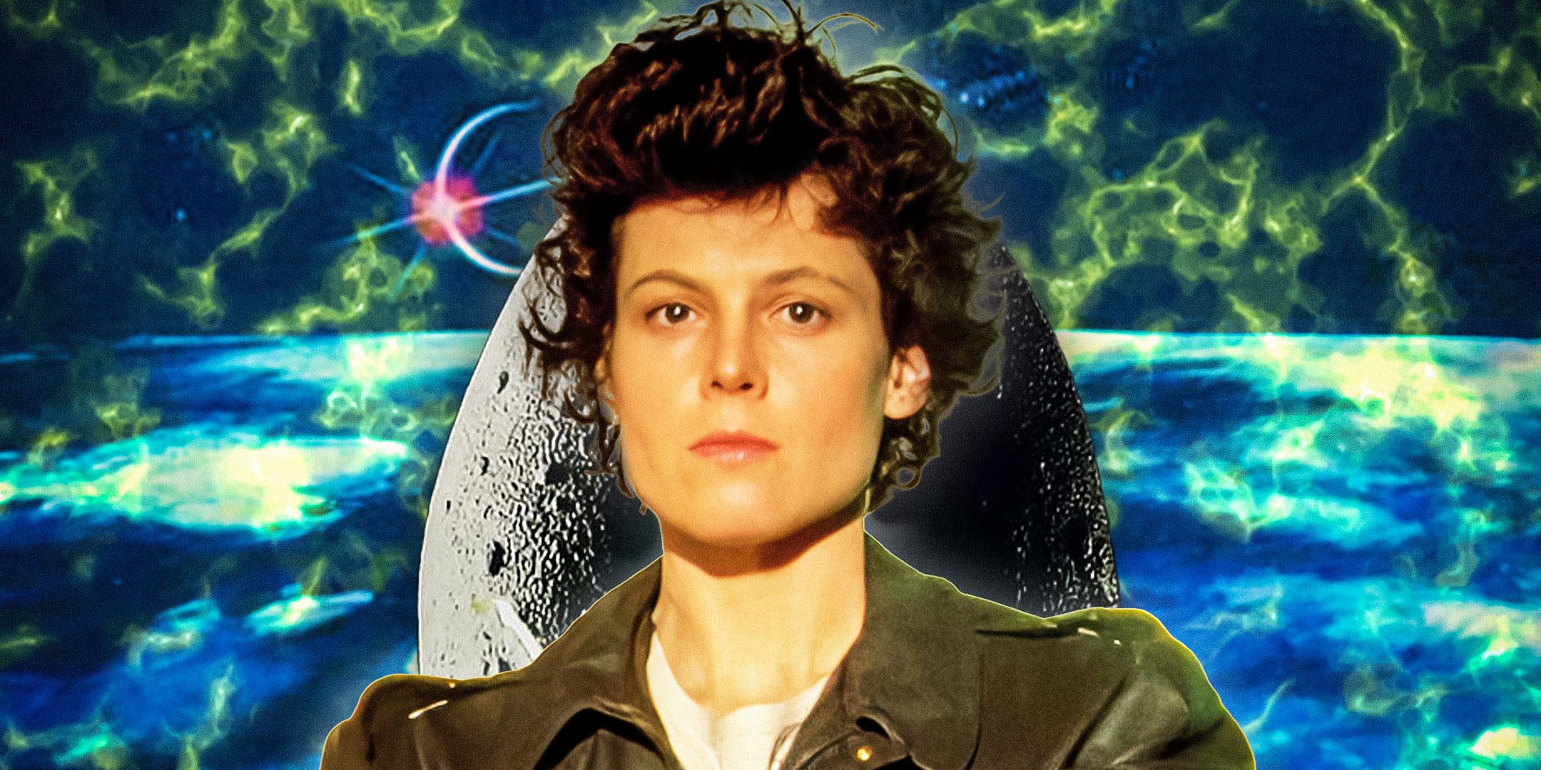 Ellen Ripley (Sigourney Weaver) in front of a xenomorph egg and a planet in Alien