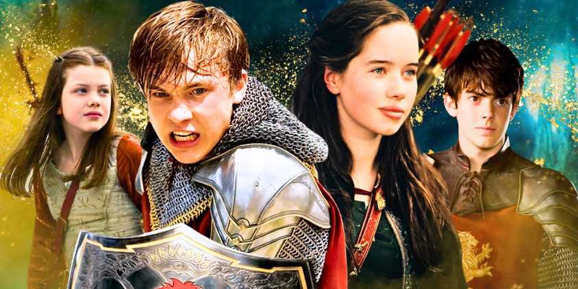 Images of the Pevensie siblings in Disney's Chronicle of Narnia movies against a gold and blue background