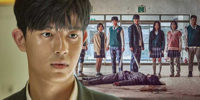 Lomon looks on seriously in front of the cast of All of Us Are Dead standing over a dead zombie. 