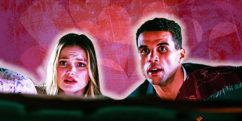 Ally and Jay from Heart Eyes look scared with red and pink hearts in the background