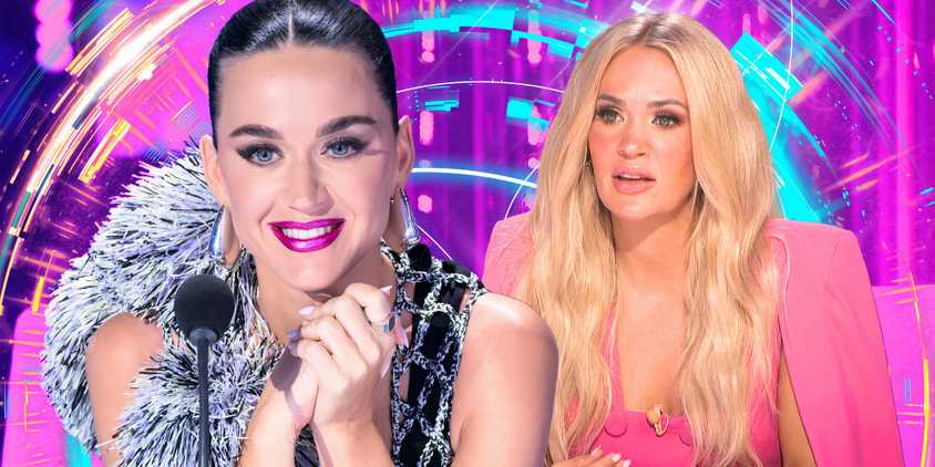 american idol judges katy perry and carrie underwood in glam montage with purple and blue background