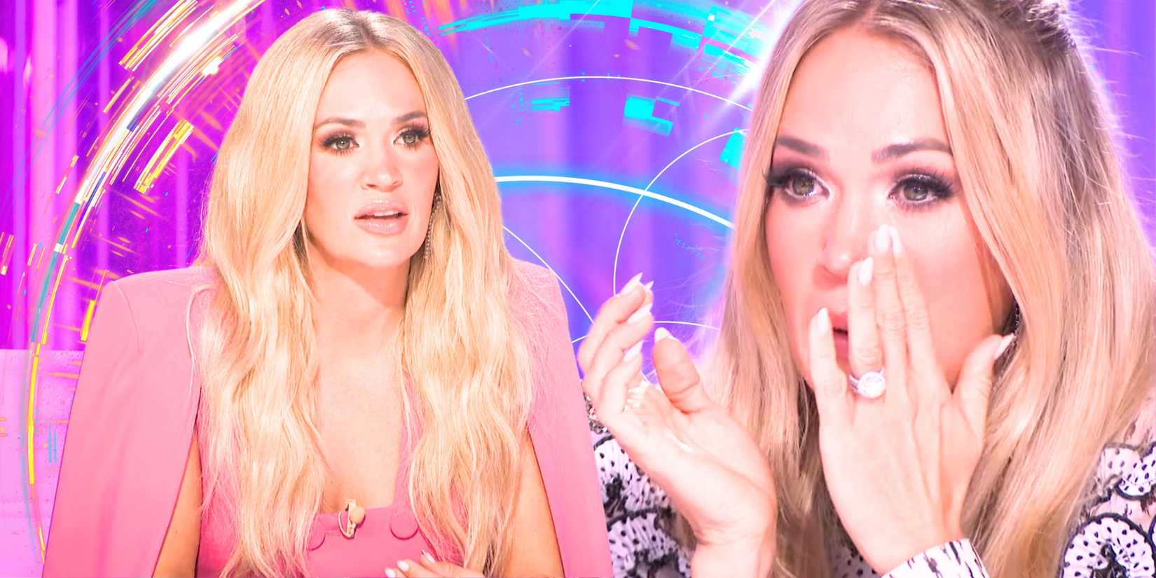 American Idol’s Carrie Underwood looks serious and wipes away tears in a montage image.