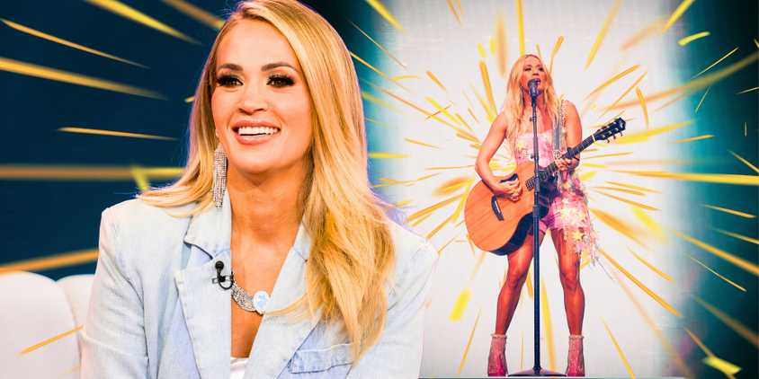 american idol star carrie underwood in montage with close up and her singing with guitar
