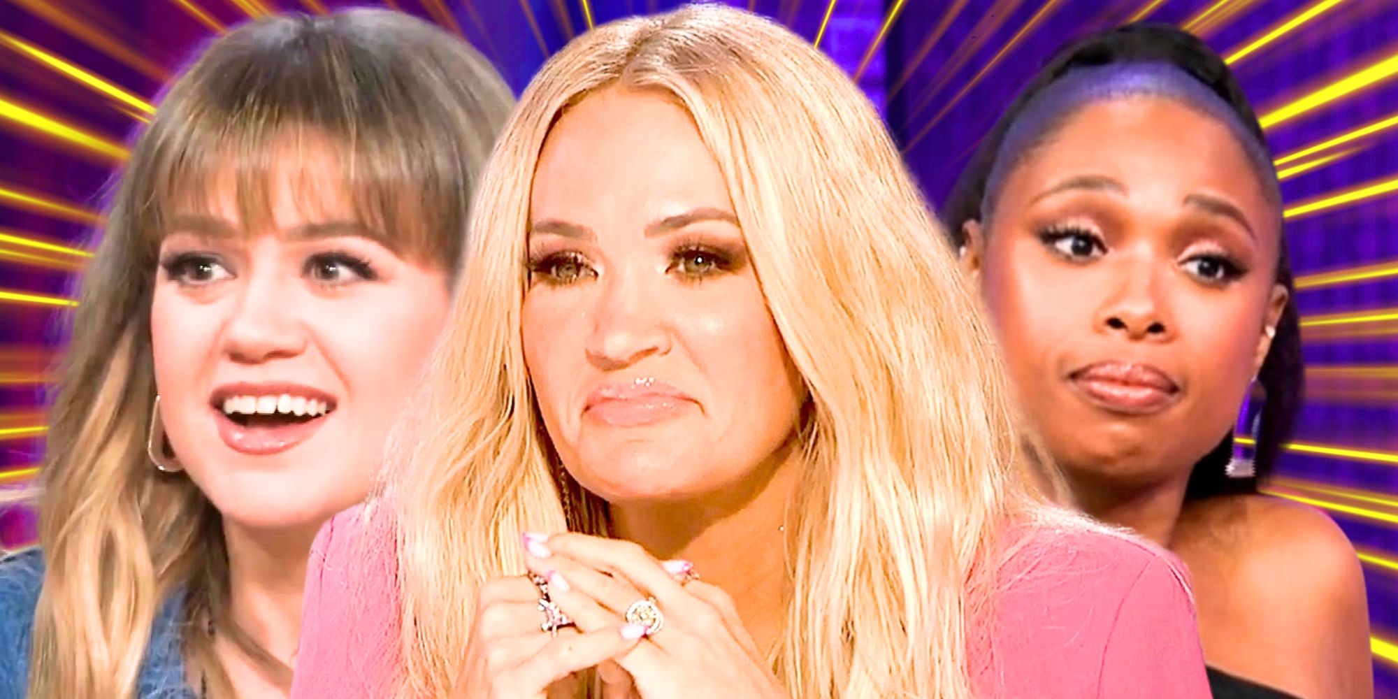 American Idol&rsquo;s Kelly Clarkson smiles, Carrie Underwood smirks and Jennifer Hudson looks slightly surprised.