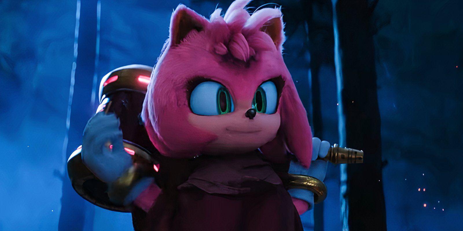 Amy Rose holds her hammer over her shoulder in Sonic the Hedgehog 3's mid-credits scene