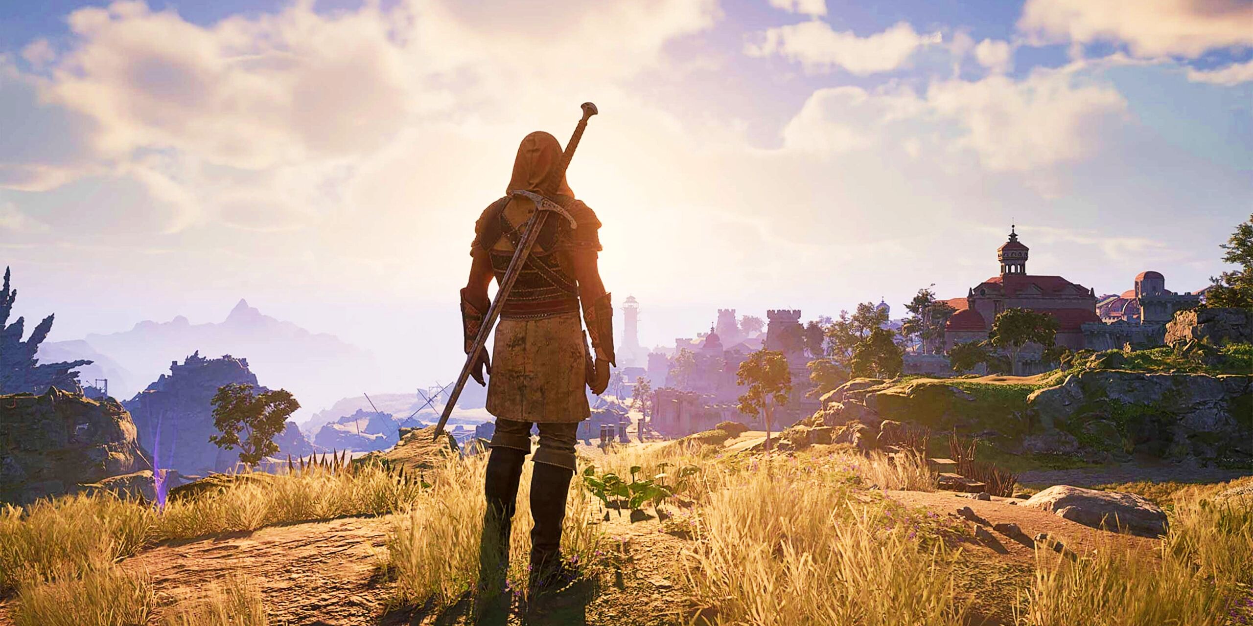 An Avowed player character standing on a grassy ridge, looking out at a vast valley with a small town.