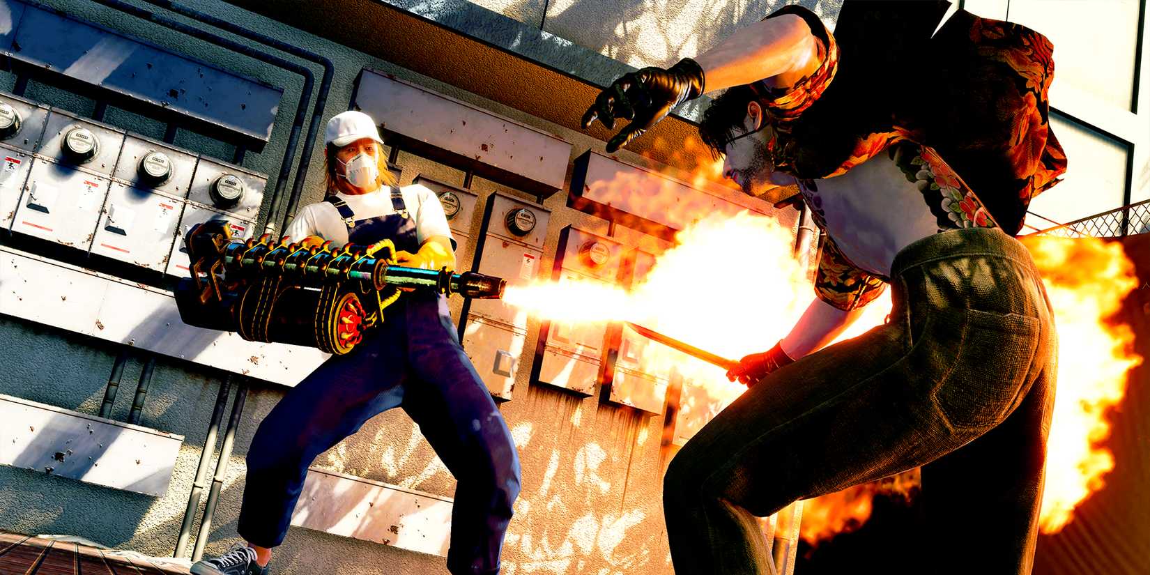 An enemy shoots a flamethrower at Majima in a screenshot from Pirate Yakuza in Hawaii.