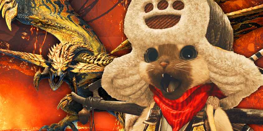 An excited Palico and the Rey Dau from Monster Hunter Wilds