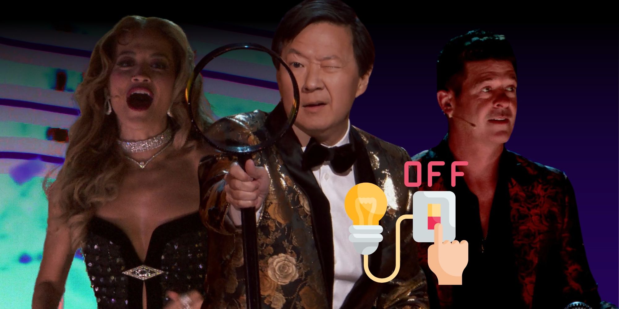 The Masked Singer&rsquo;s Rita Ora is surprised, Ken Jeong looks through a magnifying glass and Robin Thicke looks to the side in a dark room.