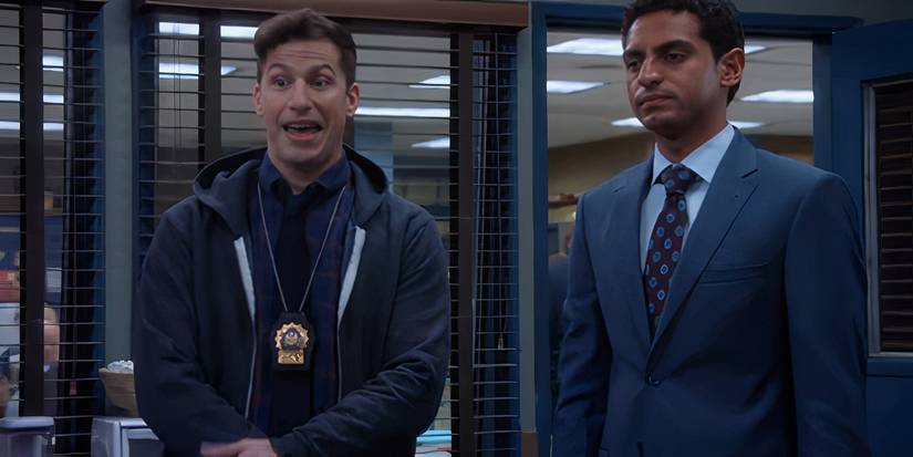 Andy Samberg as Jake Peraltam with Gordon Lundt (Karan Soni) in Holt's office in Brooklyn Nine-Nine
