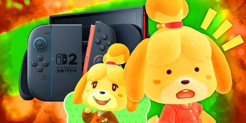 Animal Crossing character shocked and happy with a Switch 2.