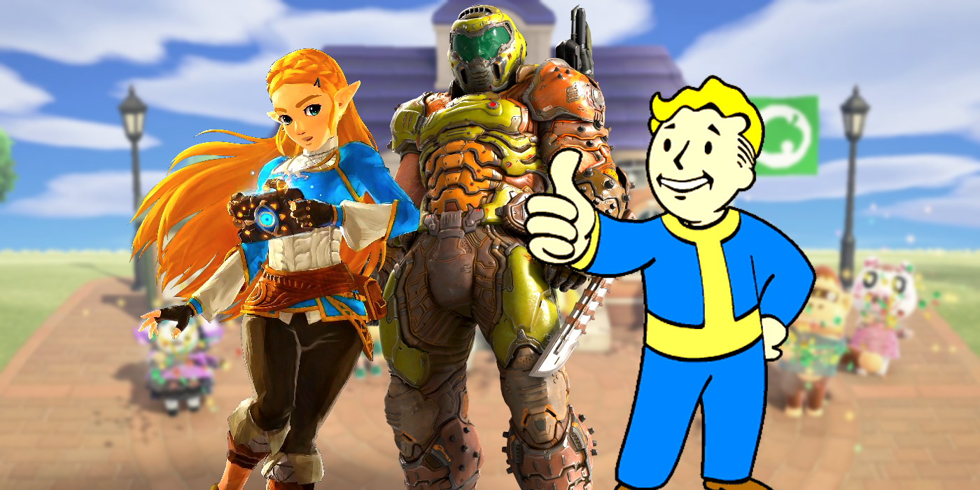 An image with an animal crossing background and Zelda, Doomguy, and Vault Boy in front