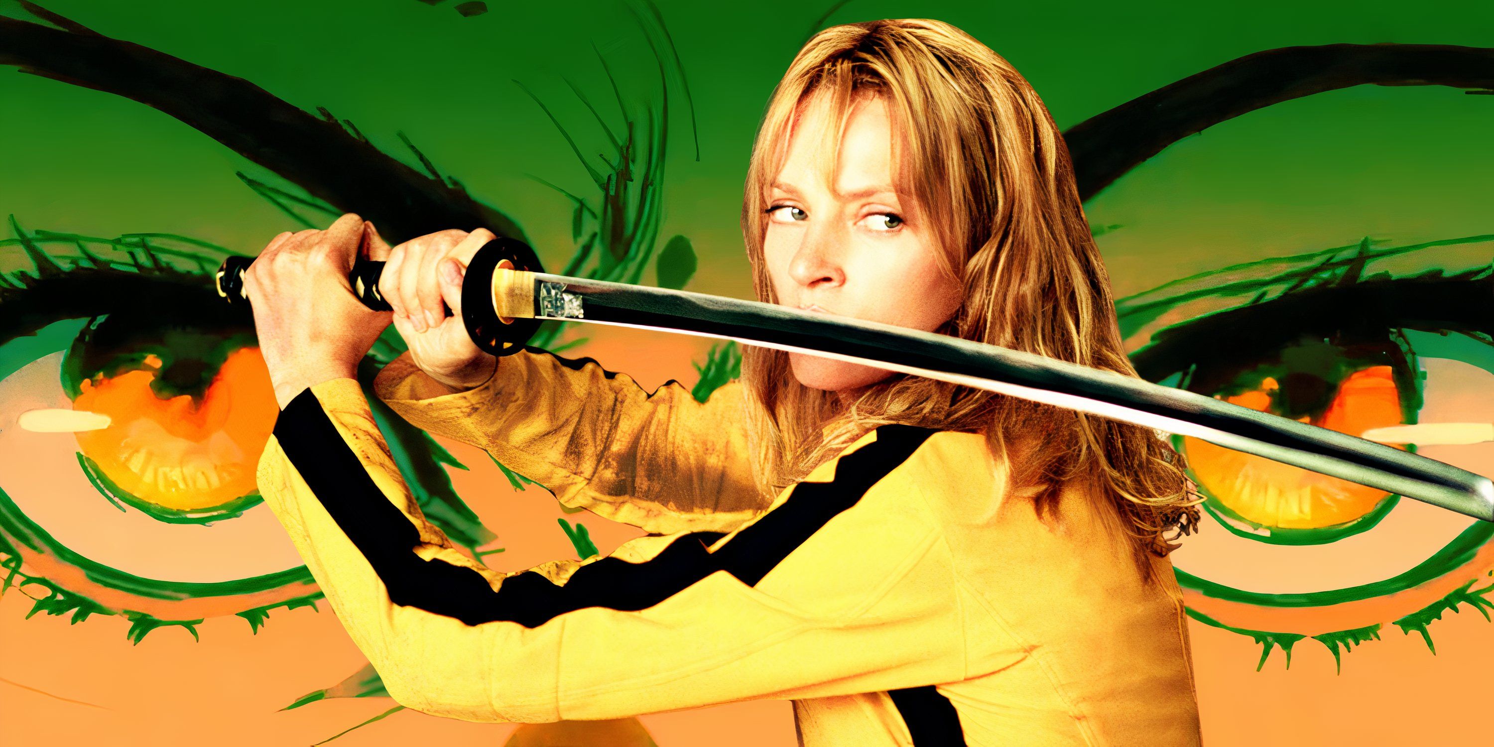 Kill Bill&rsquo;s The Bride Stands with her sword drawn, before a background of Oren Ishii&rsquo;s eyes.