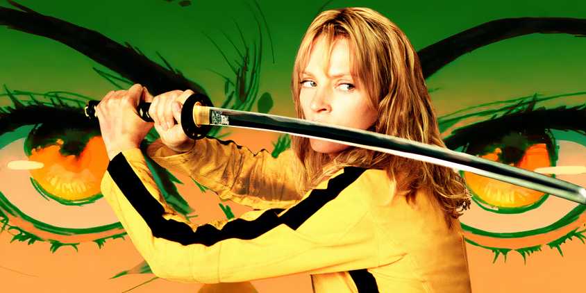 Kill Bill's The Bride Stands with her sword drawn, before a background of Oren Ishii's eyes.