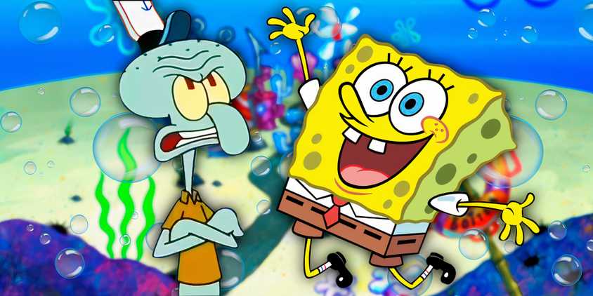 Annoyed Squidward and happy SpongeBob SquarePants