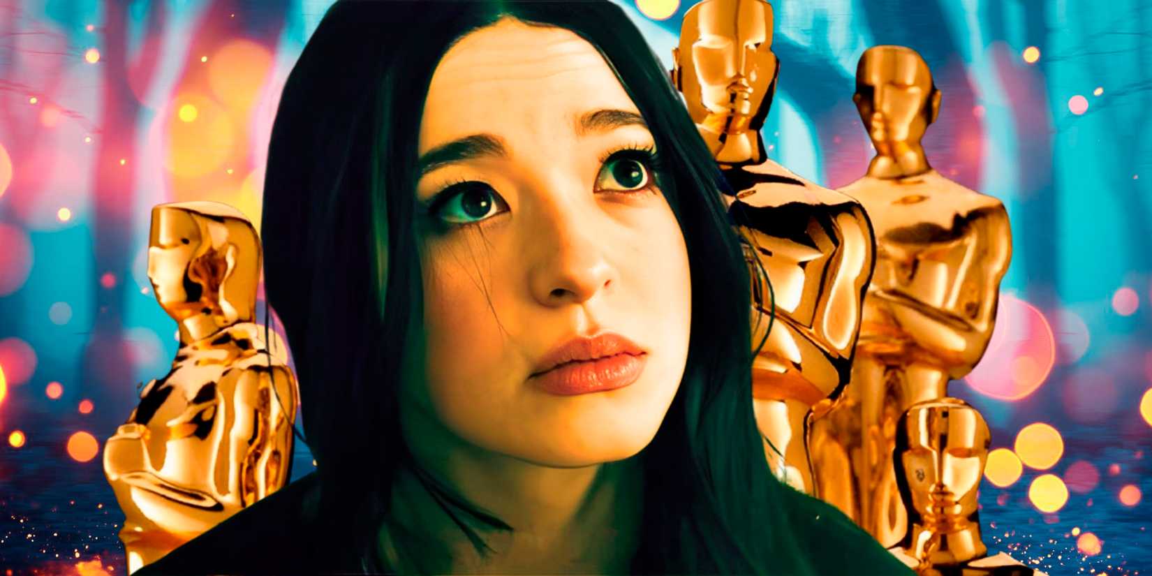 Anora and a grim-looking background with Oscar statuettes