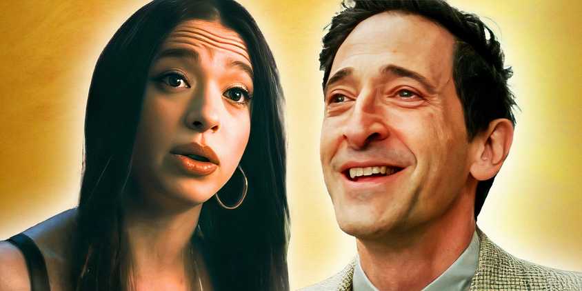 An edited image of Mikey Madison in Anora and Adrien Brody in The Brutalist with a gold background.