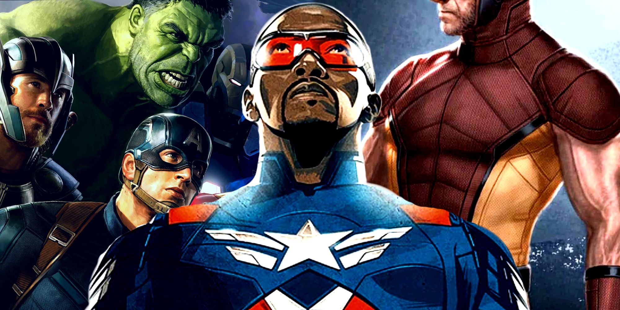 Anthony Mackie's Sam Wilson a.k.a. Captain America stands proudly in front of the MCU Avengers and Hugh Jackman's Wolverine