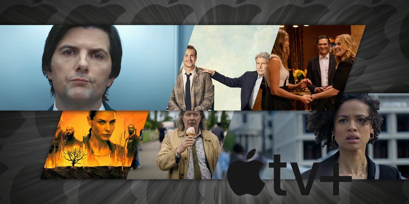 Collage of Severence, Shrinking, The Morning Show, Silo, Slow Horses, and Surface on Apple TV