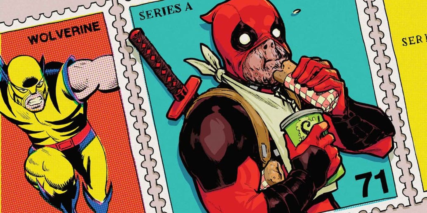 Deadpool Eating a Chimichanga and Drinking Soda on a Stamp