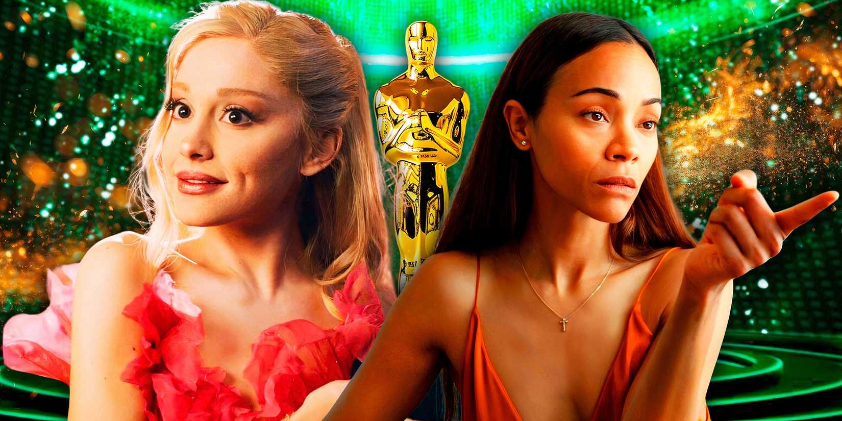 Ariana Grande in Wicked and Zoe Saldana in Emilia Perez with an Oscars trophy