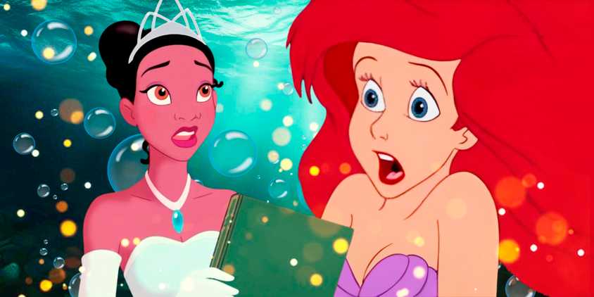 Ariel looking surprised and Tiana from The Princess and the Frog