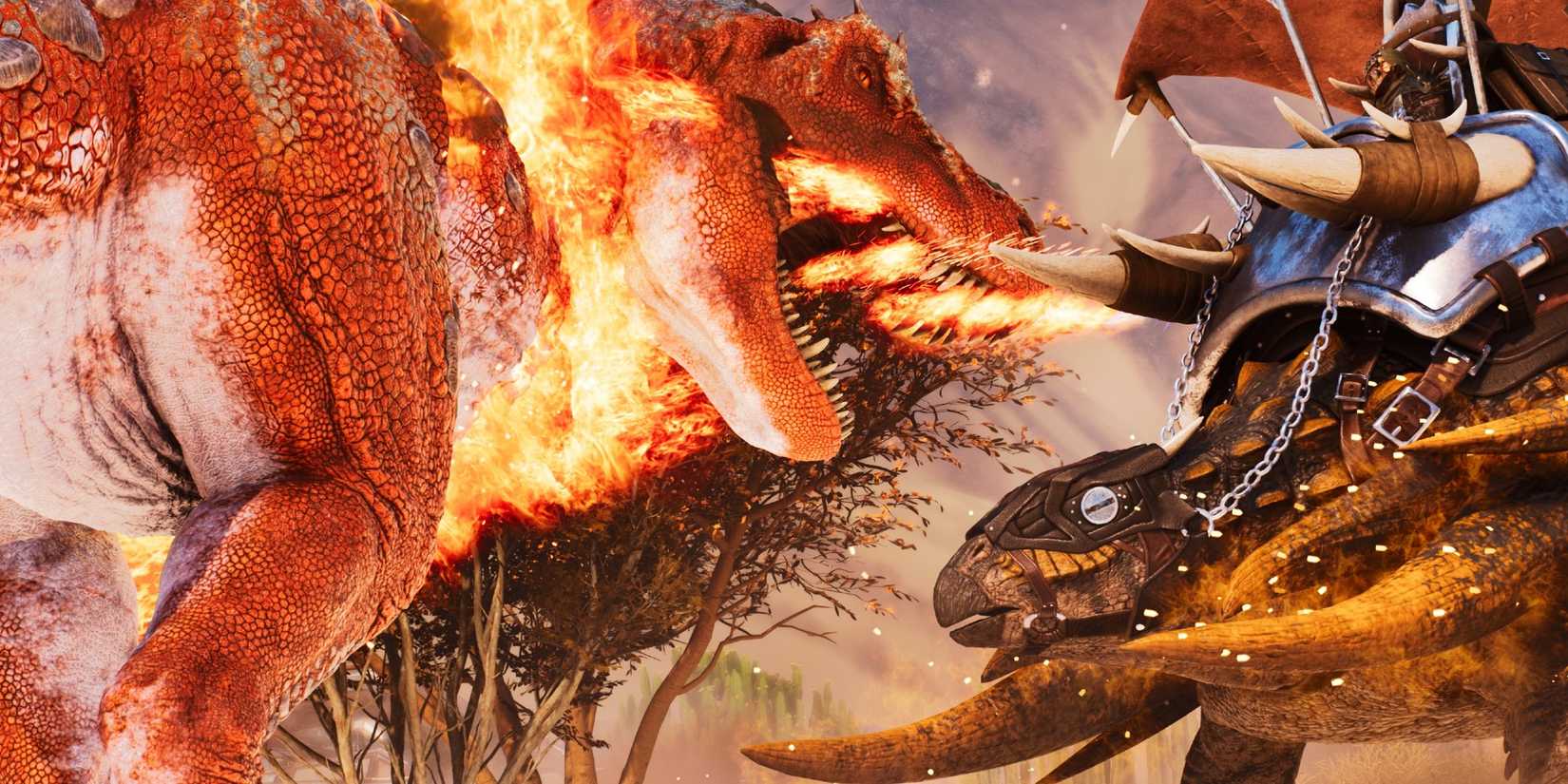 Ark Survival Ascended Additions Ascended Edmontonia dinosaur fighting another dinosaur.
