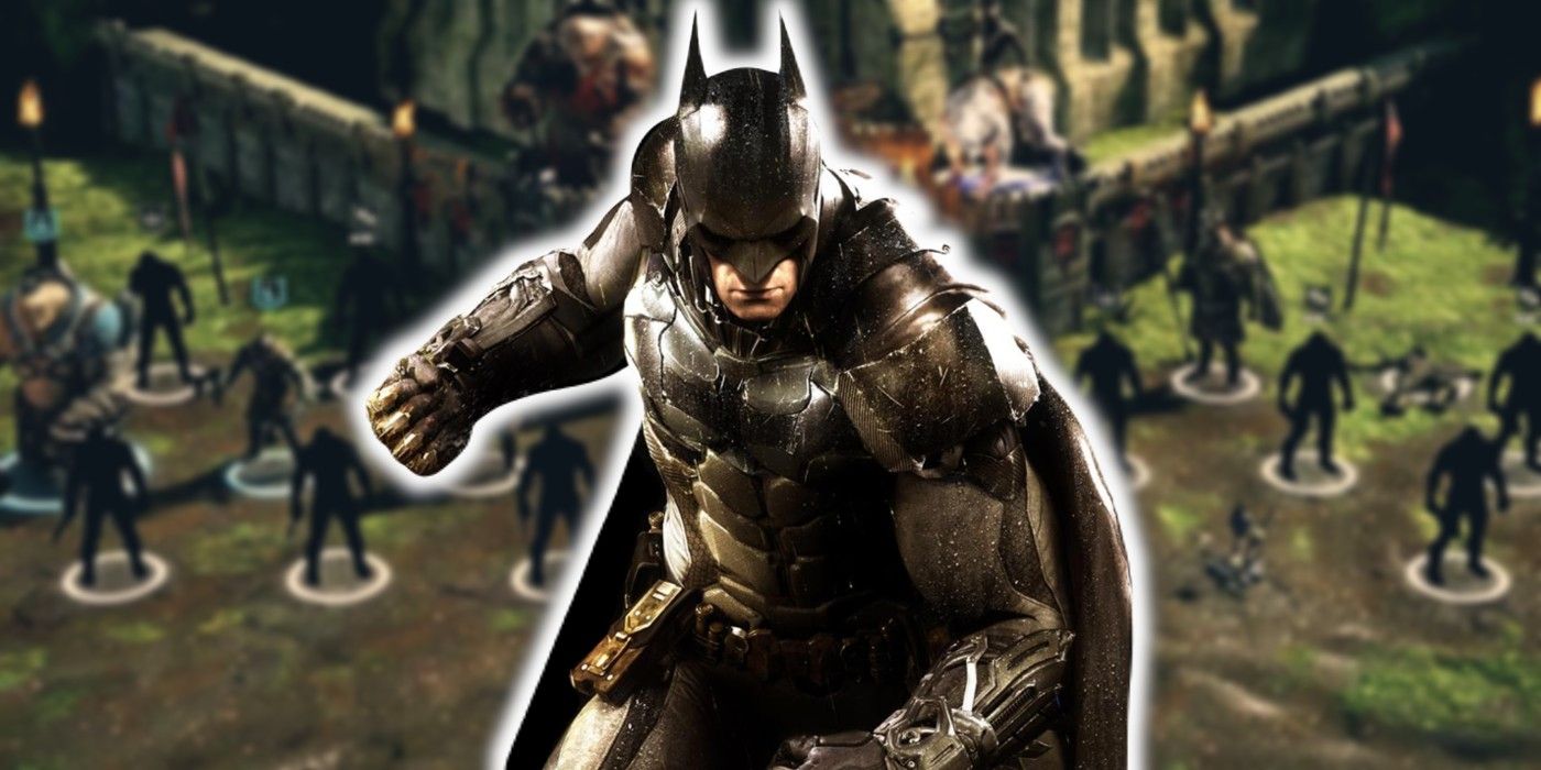 Arkham Batman in front of a blurred image of the nemesis system.