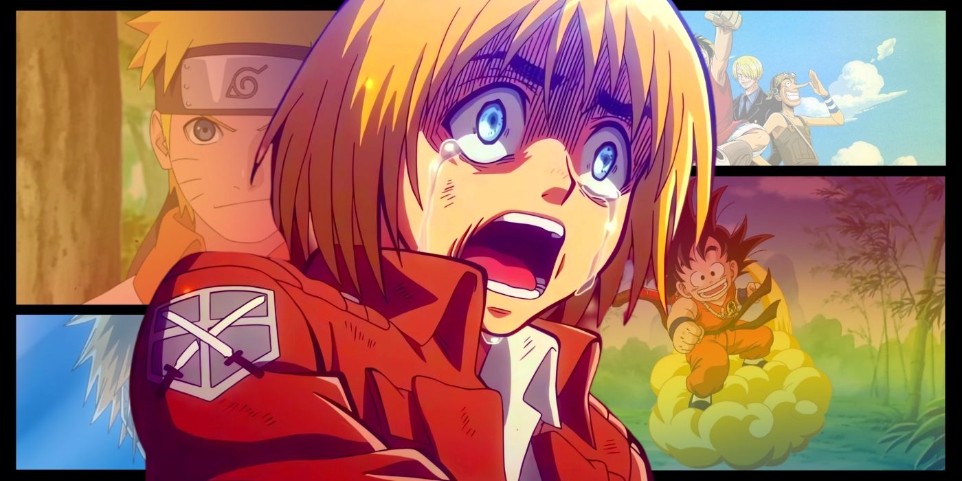 Armin crying while wearing his uniform. Behind him, images from iconic anime series can be seen. 