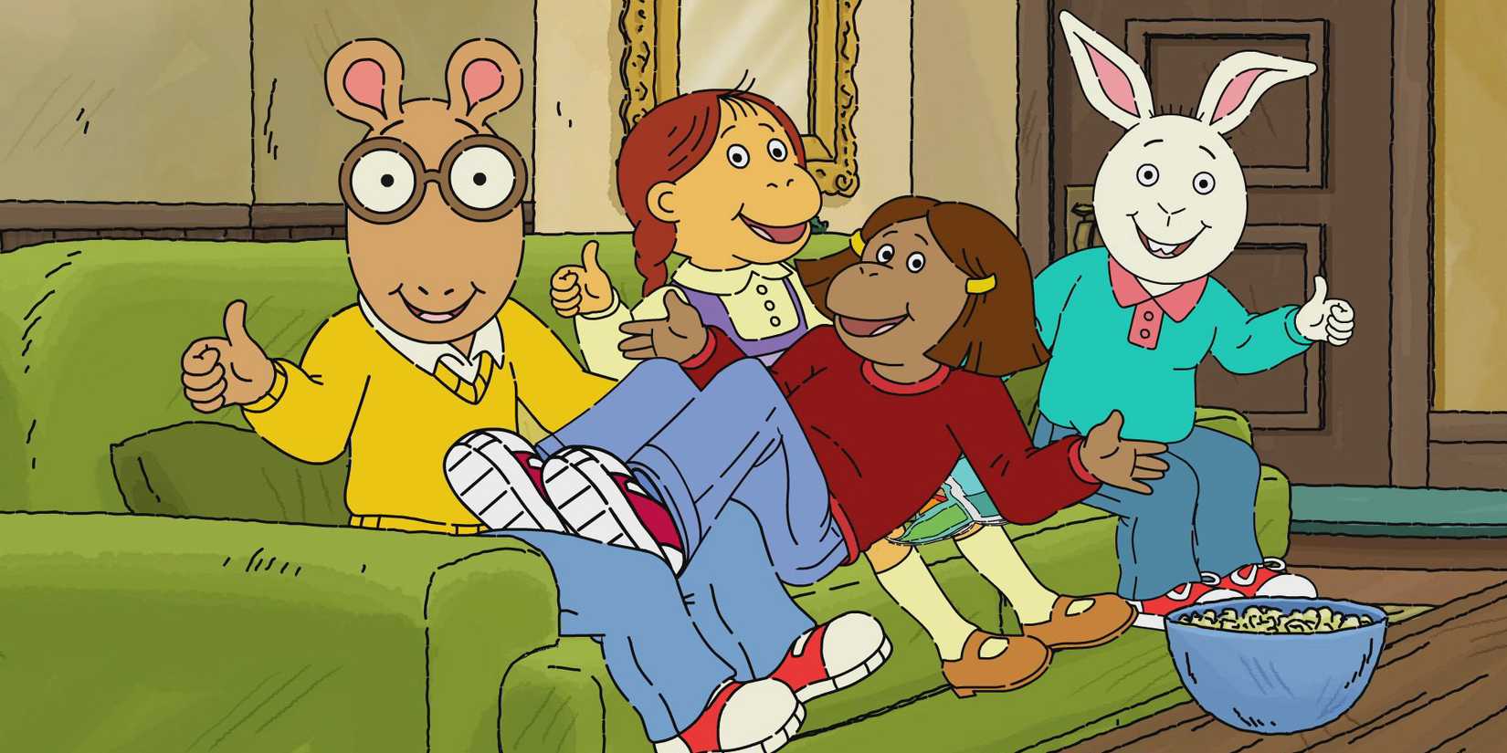 Arthur and his friends on the couch and smiling in Arthur TV show
