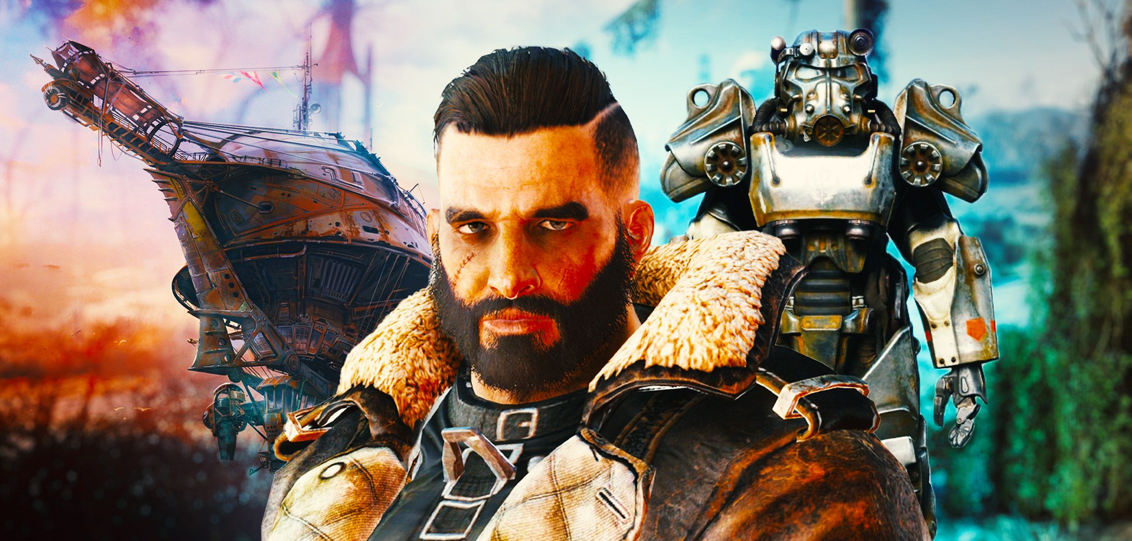 Arthur Maxson from Fallout 4 and Brotherhood Power Armor with Prydwen airship