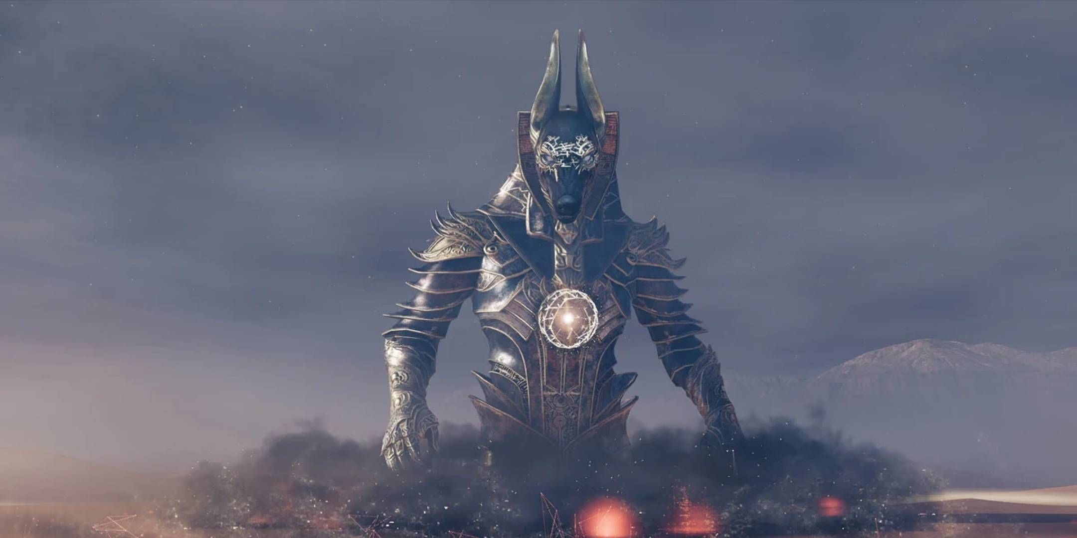 Anubis standing in a cloud of smoke in Assassin's Creed Origins.