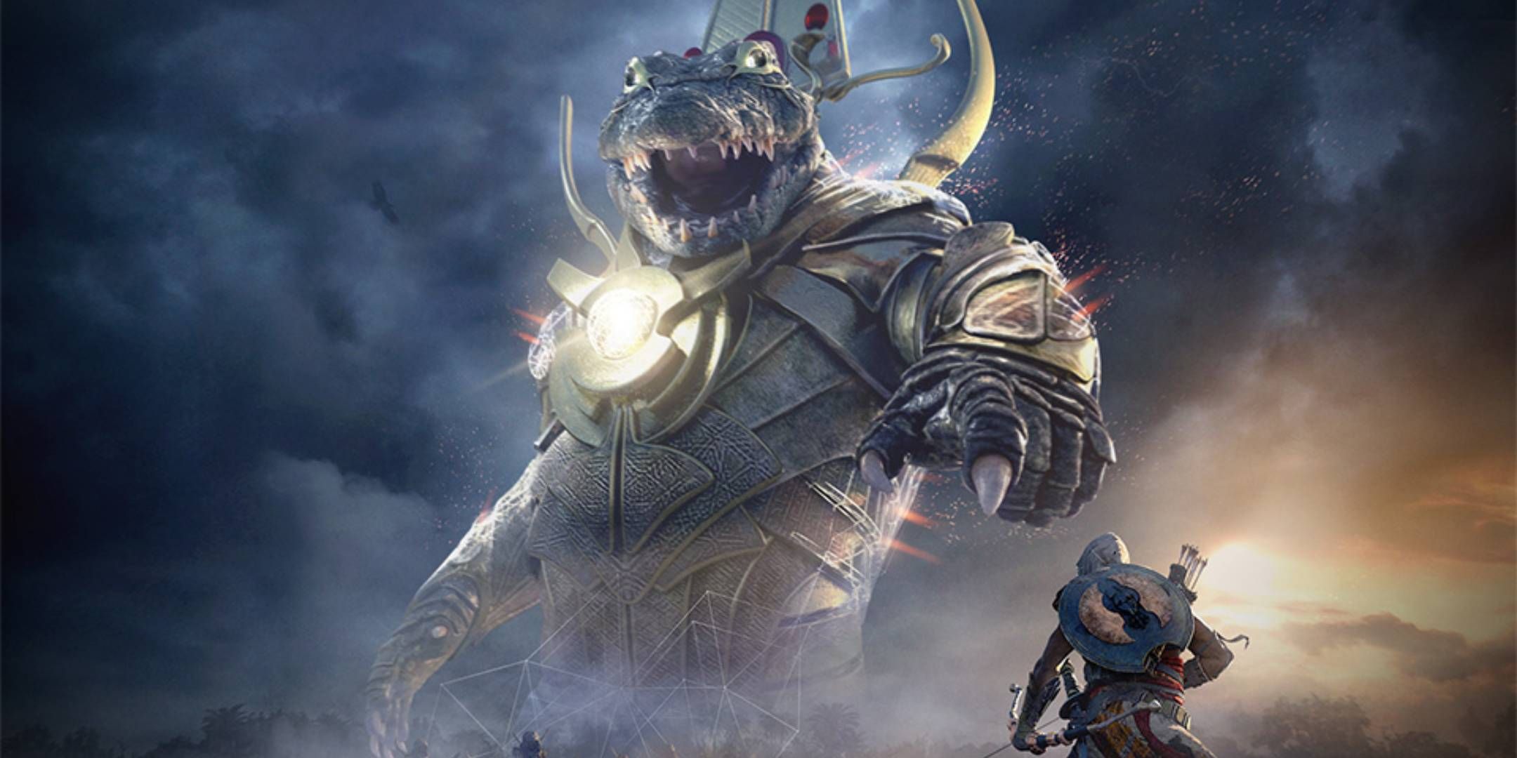 An Egyptian God towering over Bayek in Assassin's Creed Origins.