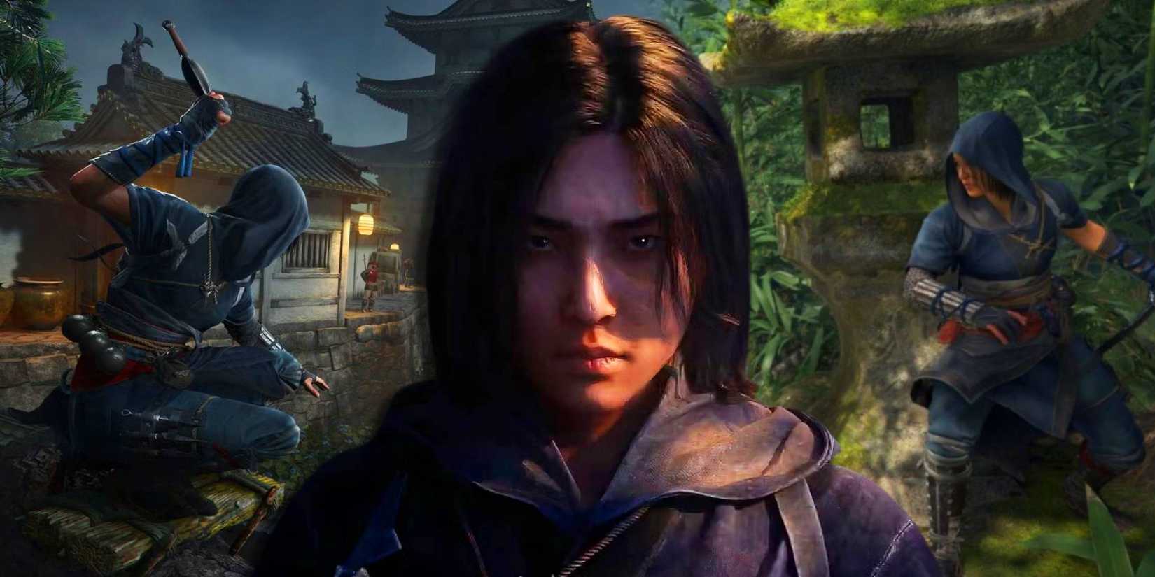 Naoe from Assassin's Creed Shadows looking solemn with gameplay of her sneaking around on either side.