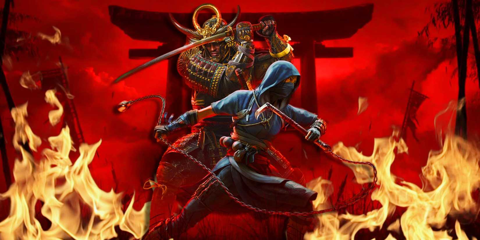 Yasuke and Naoe from Assassin's Creed Shadows in front of a Torii gate with flames below them.