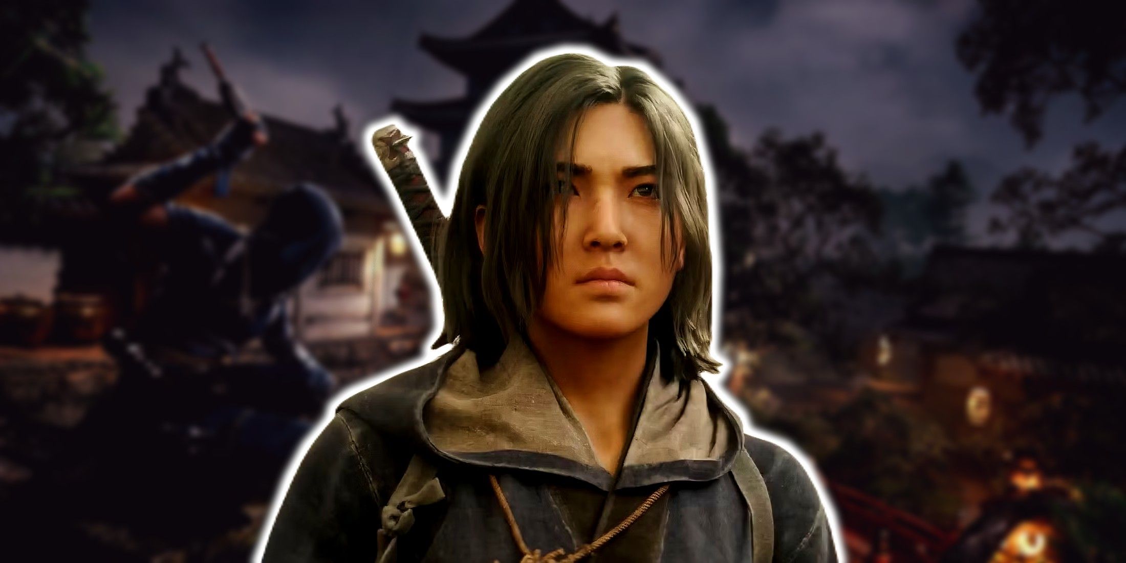 Assassins creed shadows Naoe in front of blurred image of ninja infiltrating castle.
