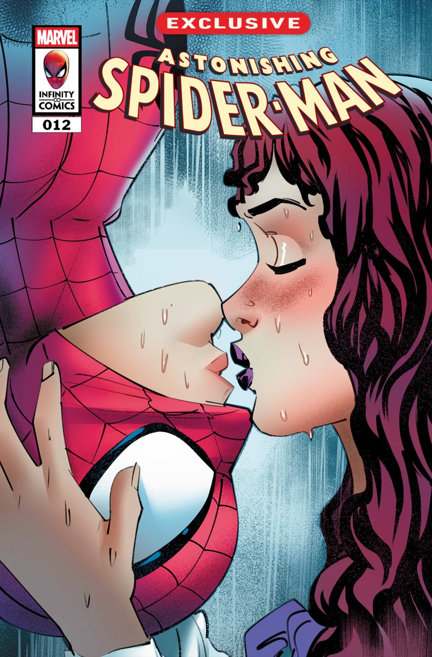 Lynda Locke kisses Spider-Man upside down in the rain