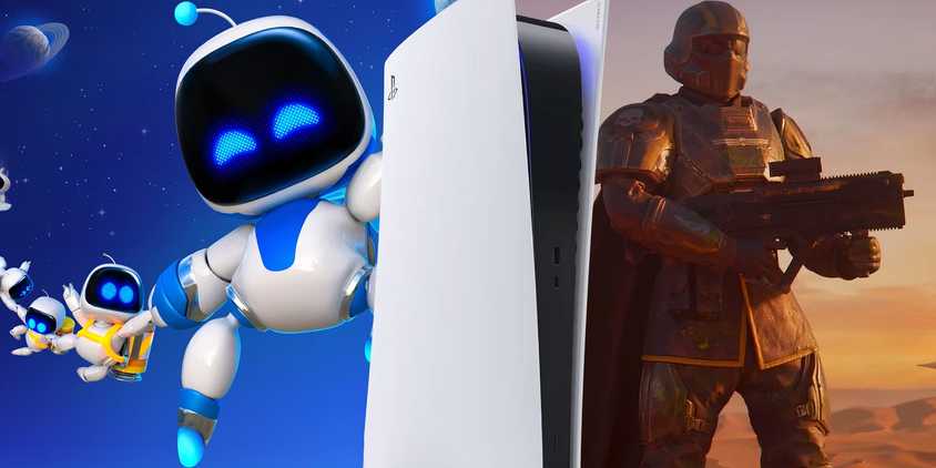 Astro Bot and a soldier from Helldivers 2 standing on either side of a PS5 system