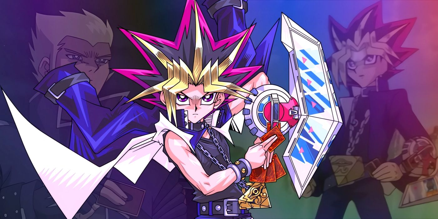Atem drawing a card during one of his duels. Behind him, Rafael and his Orichalcos version can be seen.