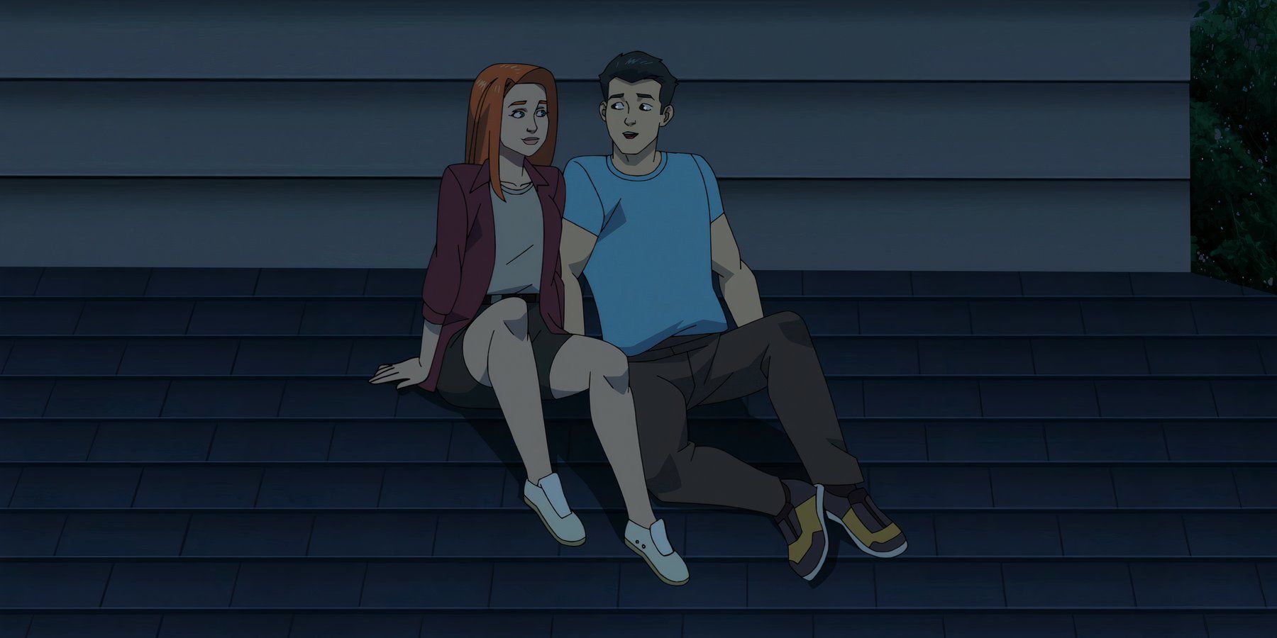 Atom Eve and Mark Grayson talking while sitting on a rooftop in Invincible